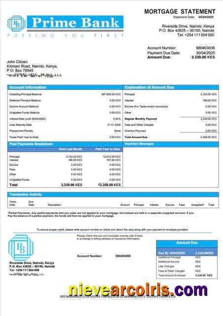 Kenya Prime Bank mortgage statement Word and PDF template